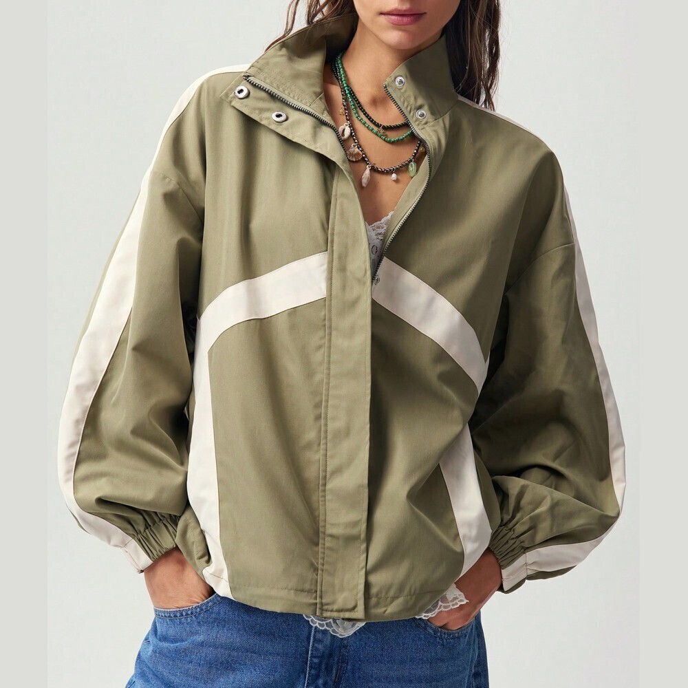 Olive Green Colorblock Funnel Neck Zip Front Windbreaker Jacket